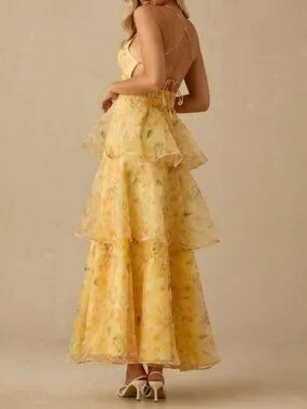 Yellow Women's Romantic Floral Print Spaghetti Strap Ruffled Hem Maxi Dress